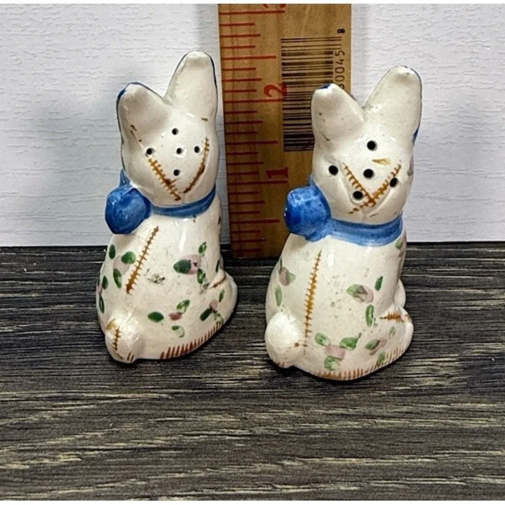 Vintage Japan Scottie Dog Salt Pepper Shakers Patchwork Floral Blue Bow Pair MCM